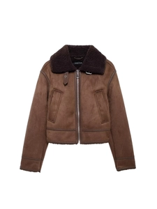 Giacca da Aviatore in Finta Scamosciata da Donna Caldo Revers Cerniera Cappotto Corto Autunno Inverno Streetwear Marrone Moda Capispalla