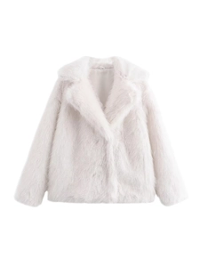 Women's white faux fur short jacket with wide lapels and soft plush texture for winter