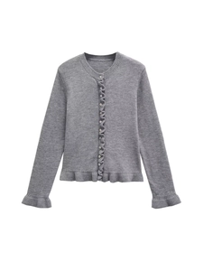 Chic medium gray knit cardigan with stylish ruffle trim and classic round neck