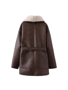 Women's dark brown faux leather shearling coat with oatmeal faux fur collar and belted back