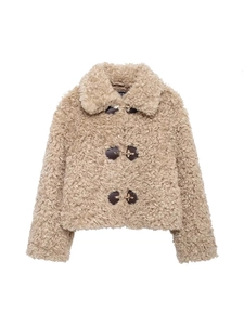 Women Vintage Lamb Wool Jacket Faux Fur Coat With Leather Buckle Lapel Long Sleeve Warm Short Outwear Apricot
