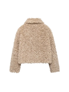 Women's casual beige faux shearling jacket with warm turn-down collar and plush texture