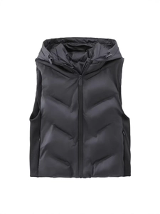 Gilet Rembourré à Capuche pour Femmes Couleur Contrastée Matelassé Coupe Slim Fermeture Éclair Décontracté Streetwear Hiver Chaud Veste sans Manches