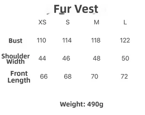 Size guide table for the faux shearling vest including bust, shoulder and length measurements