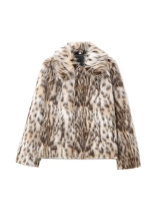 Women's Vintage Leopard Print Faux Fur Jacket Winter Warm Lapel Long Sleeve Zip Up Streetwear Coat For Ladies