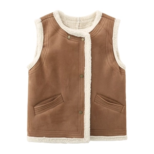 Detail of brown faux suede vest with soft white fleece lining and side snap buttons