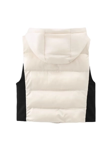 Gilet d'hiver à capuche pour femme, coupe ajustée, design bicolore noir et crème