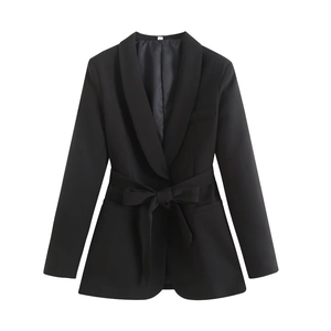 Detail of black shawl collar blazer for women featuring a matching tie-waist belt bow
