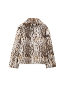 Faux fur leopard print jacket with a vintage lapel collar and soft fluffy texture