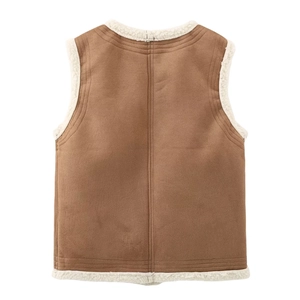 Back view of a brown faux suede children's vest with white shearling trim on a white background