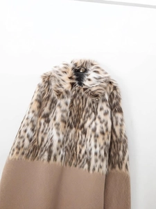 Women's vintage leopard faux fur spliced coat with camel wool texture and notched collar