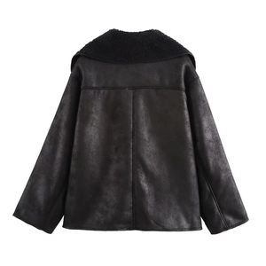 Back view of a black shearling-style jacket with faux fur collar and textured stitching