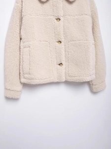 Chic beige sherpa fleece jacket with classic collar and button-up front for women