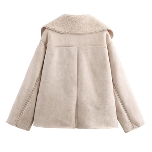 Back view of a loose-fit faux shearling suede jacket in apricot with a large collar