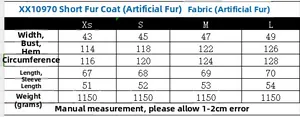 Detailed size chart for faux fur coat showing measurements for shoulders bust and length