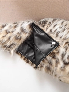 Faux fur leopard print jacket with metal snap button and premium black leather trim