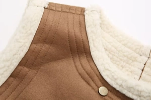 Detail of brown suede vest featuring white shearling trim and bronze metal button