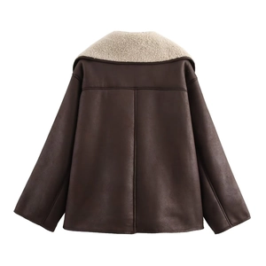 Back view of brown faux shearling jacket with creamy faux fur collar and center seam detail