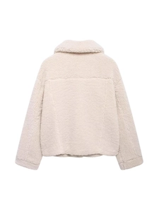 Back view of cream fleece jacket with cozy faux fur texture and elegant lapel collar