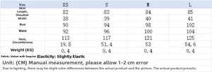 Size chart for sequin mini dress showing XS to L measurements and velvet sequin fabric info