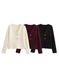 Women Casual V Neck Knit Cardigan With Gold Buttons Long Sleeve Polyester Sweater Top For Autumn Winter Streetwear