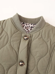 Détail de veste matelassée vert olive avec col côtelé, boutons tortue et doublure léopard