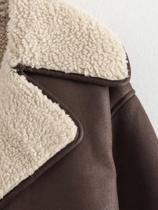 Close-up of brown suede faux shearling aviator jacket showing collar and soft lining texture