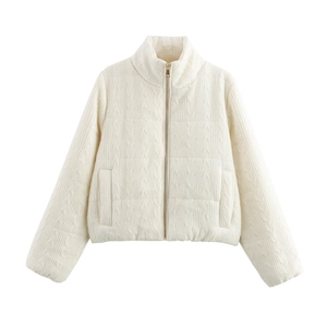 Detail of cable knit texture and gold zipper on cream quilted stand collar cardigan