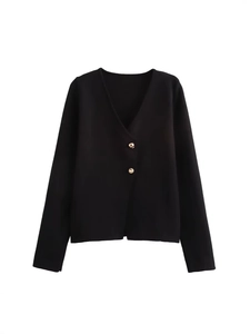 Women's black V-neck knit cardigan with elegant gold buttons and long sleeves