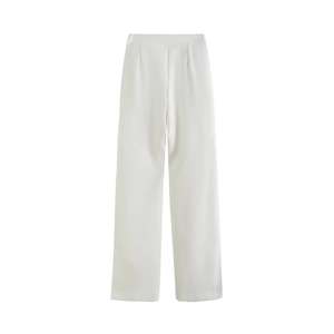 Detail of white high-waisted wide-leg trousers with elegant waist pleats and soft drape