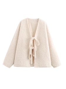 Women's cream-white plush faux fur jacket with V-neckline and decorative tie-front closures