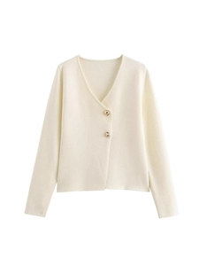 Off-white V-neck knit cardigan with elegant gold buttons and asymmetrical front closure