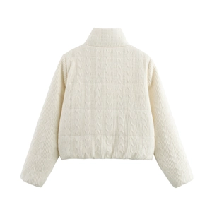 Detailed back view of a white cable knit quilted jacket featuring a stylish stand collar