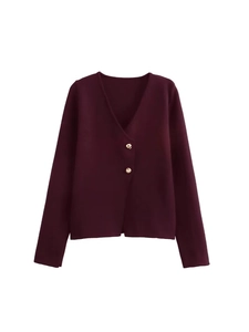 Burgundy V-neck knit cardigan with long sleeves and decorative gold metal buttons