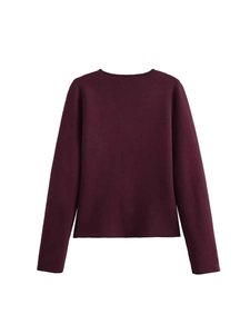 Back view of a deep wine red long-sleeve knit cardigan with a clean V-neck cut