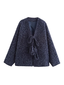 Navy blue V-neck fuzzy cardigan with front tie closure and long sleeves for women