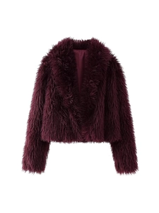 Damen Eleganter Kunstpelz Jacke Einfarbig Zottelig Revers Langarm Kurzmantel Locker Warm Herbst Winter Oberbekleidung