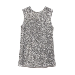 Detailed close-up of silver sequin mini dress with round neck and satin lining