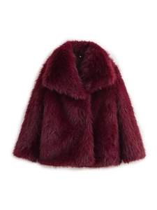 Deep red faux fur jacket for women with oversized lapel and plush loose-fit texture