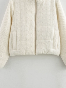 Women's cream cable-knit quilted jacket with stand collar and gold zipper front