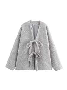 Women's chic grey fuzzy cardigan with v-neck and elegant bow ties on a plain white background