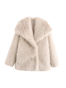 Women's faux fur jacket in cream with oversized lapels and fluffy texture for autumn winter