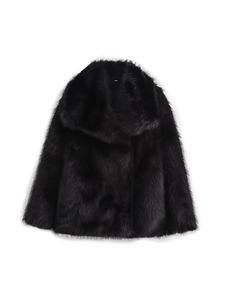 Women's black faux fur short coat with large lapel collar and loose fluffy texture