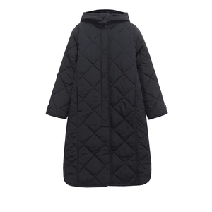 Women's black long hooded quilted coat with diamond patterns and button closure