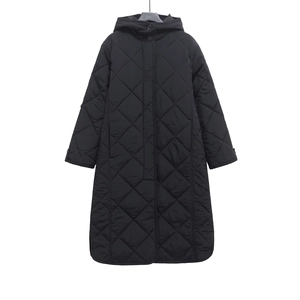 Women long quilted hooded puffer coat in black with classic diamond stitching pattern
