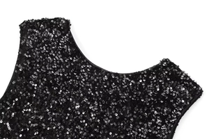 Close-up of black sequin dress featuring premium shimmering texture and neck hemline detail