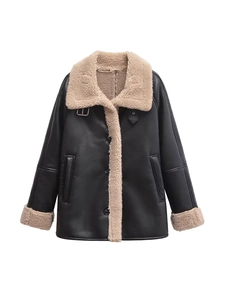 Veste Décontractée Ample en Similicuir Doublée de Peau de Mouton Synthétique Vintage Noir Style Aviateur Avec Bordure en Fourrure Synthétique Automne Hiver