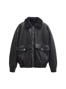 Blouson Bomber en Similicuir PU pour Femmes avec Col en Fausse Fourrure Poches Zippées Veste Biker Courte Chaude d'Hiver Streetwear