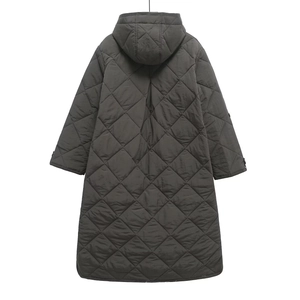 Women long hooded quilted coat in dark grey-green featuring classic diamond stitch pattern