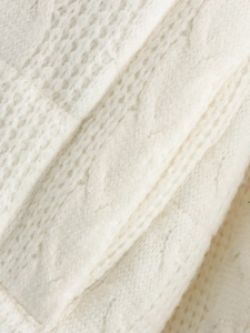 Detail of cable knit pattern and soft texture on a white wool-blend cardigan jacket